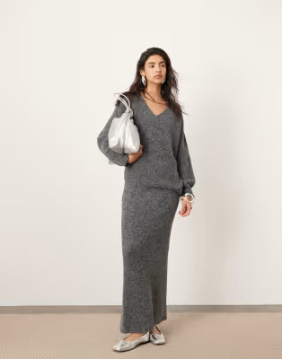 ASOS EDITION knitted v neck oversized sweater and maxi skirt set in charcoal | ASOS (Global)