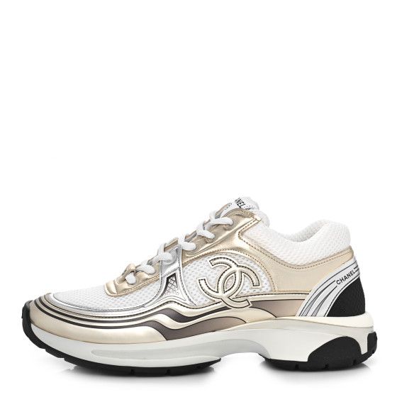 CHANEL Fabric Laminated Calfskin Stretch CC Sneakers 36 White Gold Silver | FASHIONPHILE (US)