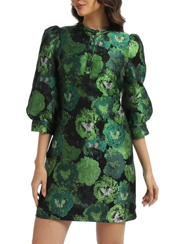 Ladyful Women's Floral Jacquard Shift Dress 2026 Long Puff Sleeve Button Up Elegant Cocktail Part... | Amazon (US)