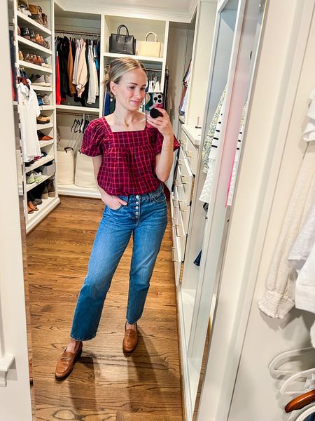 My red puff sleeve Madewell top is on sale and there are a few sizes left. It would also be cute with white jeans or shorts! My jeans are a perfect relaxed straight leg. Wearing a 25P. #madewellfind #straightjeans #puffsleevetop #springoutfit