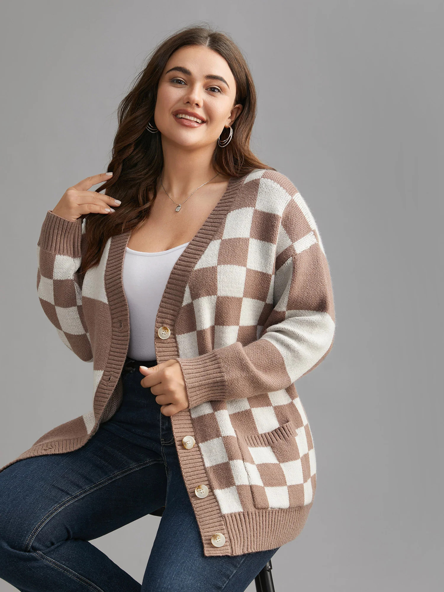 Checkered V-Neck Button Front Knit Cardigan | Bloomchic
