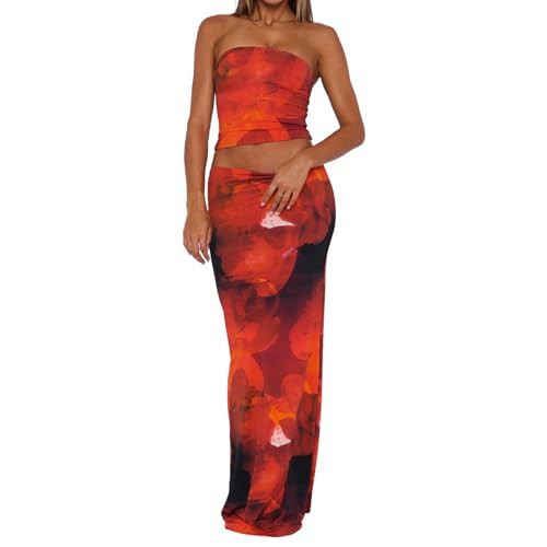 Goafuliy Skirt Sets Women 2 Piece Outfits Floral Print Strapless Crop Tube Top Bodycon Maxi Dress Summer Y2k Vacation Set Red M | Amazon (US)