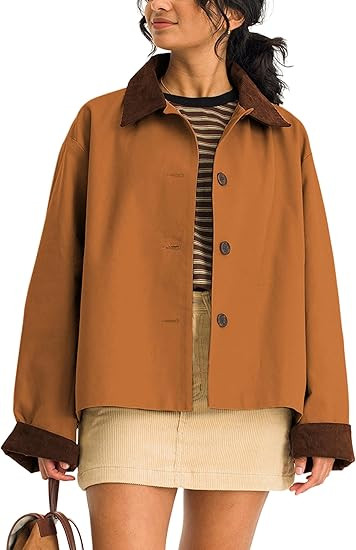 Lviefent Womens Contrast Collar Jacket Casual Button Down Long Sleeves Crop Trench Coat Outerwear... | Amazon (US)