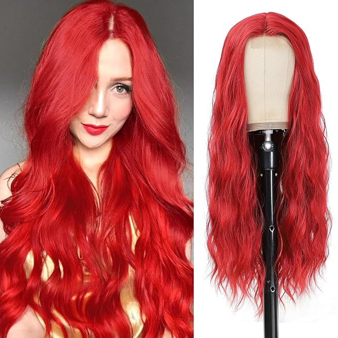 Red Wig - Long Red Wavy Wigs for Women Middle Part Red Wig 26 inch Natural Curly Synthetic Wig He... | Amazon (US)