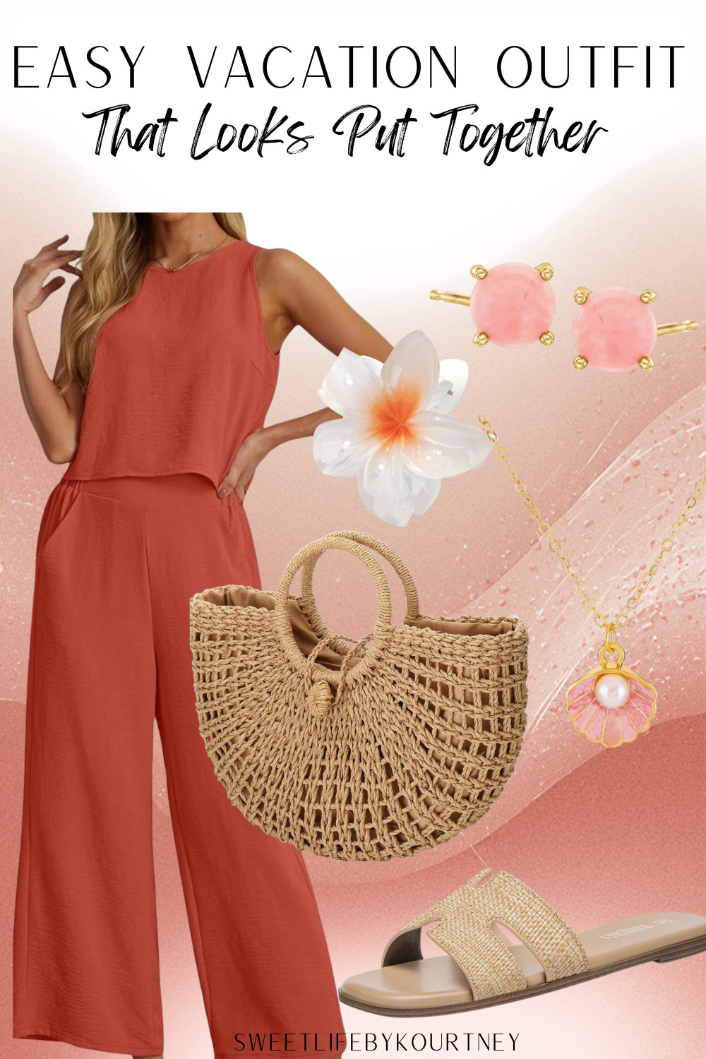 Easy vacation outfit that looks put together without overthinking it — a breezy matching set, straw bag, sandals, and pretty coastal accessories. Perfect for resort dinners, beach trips, cruises, and summer nights when you want cute but effortless.
#SweetLifeByKourtney #VacationOutfit #AmazonFinds #SummerStyle 

 #LTKootd #LTKSeasonal #LTKTravel