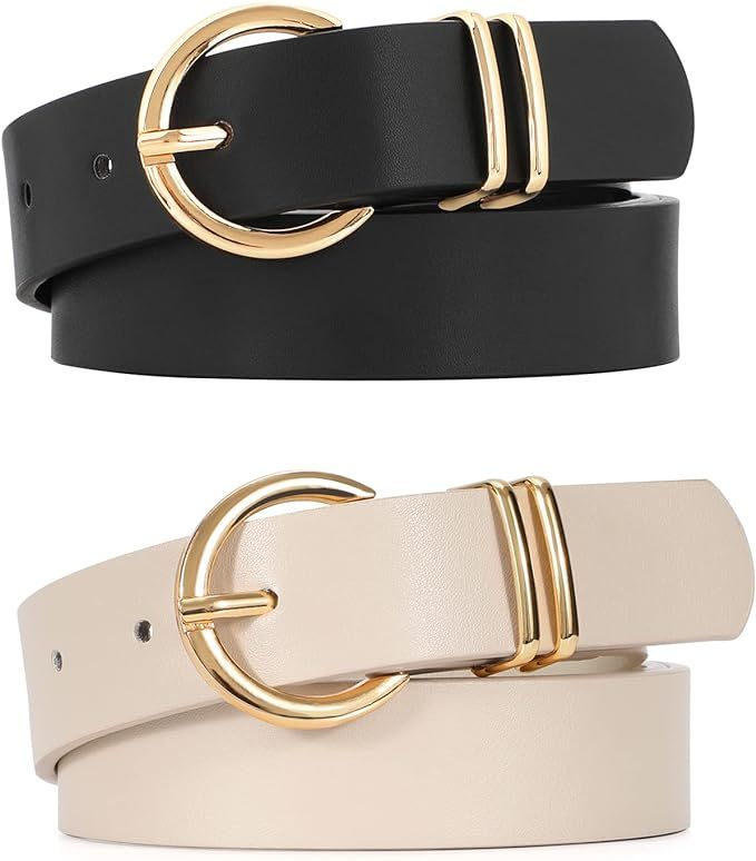 VONMELLI 2 Pack Women's Leather Belts for Jeans Dresses Fashion Gold Buckle Ladies Belt | Amazon (US)