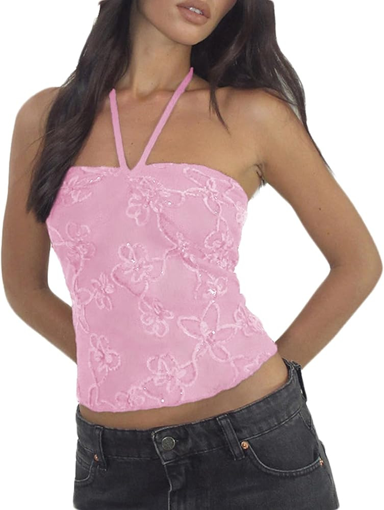 Women’s Halter Tank Top Sexy Sleeveless Sequin Floral Print Back Tie Up Slim Fitted Backless Cr... | Amazon (US)