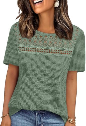 OFEEFAN Womens Tops Dressy Casual Short Sleeve Shirts Boho Crochet Lace Waffle Knit Plus Size Fas... | Amazon (US)