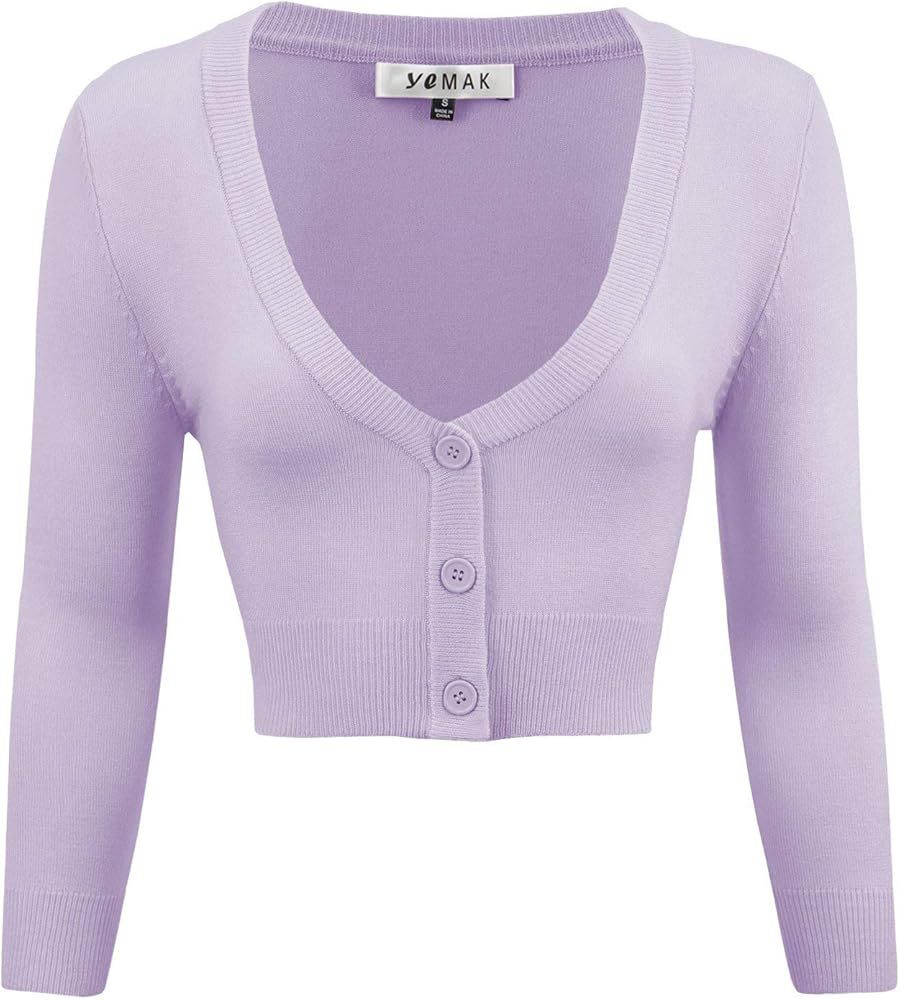 YEMAK Women's Cropped Bolero 3/4 Sleeve Button Down Cardigan Sweater (S-4X) | Amazon (US)