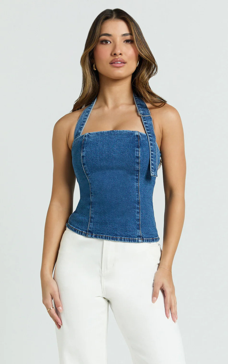 Nicky Top - Denim Hardware Buckle Halter Neck Top in Dark Blue Wash | Showpo (US, UK &amp; Europe)