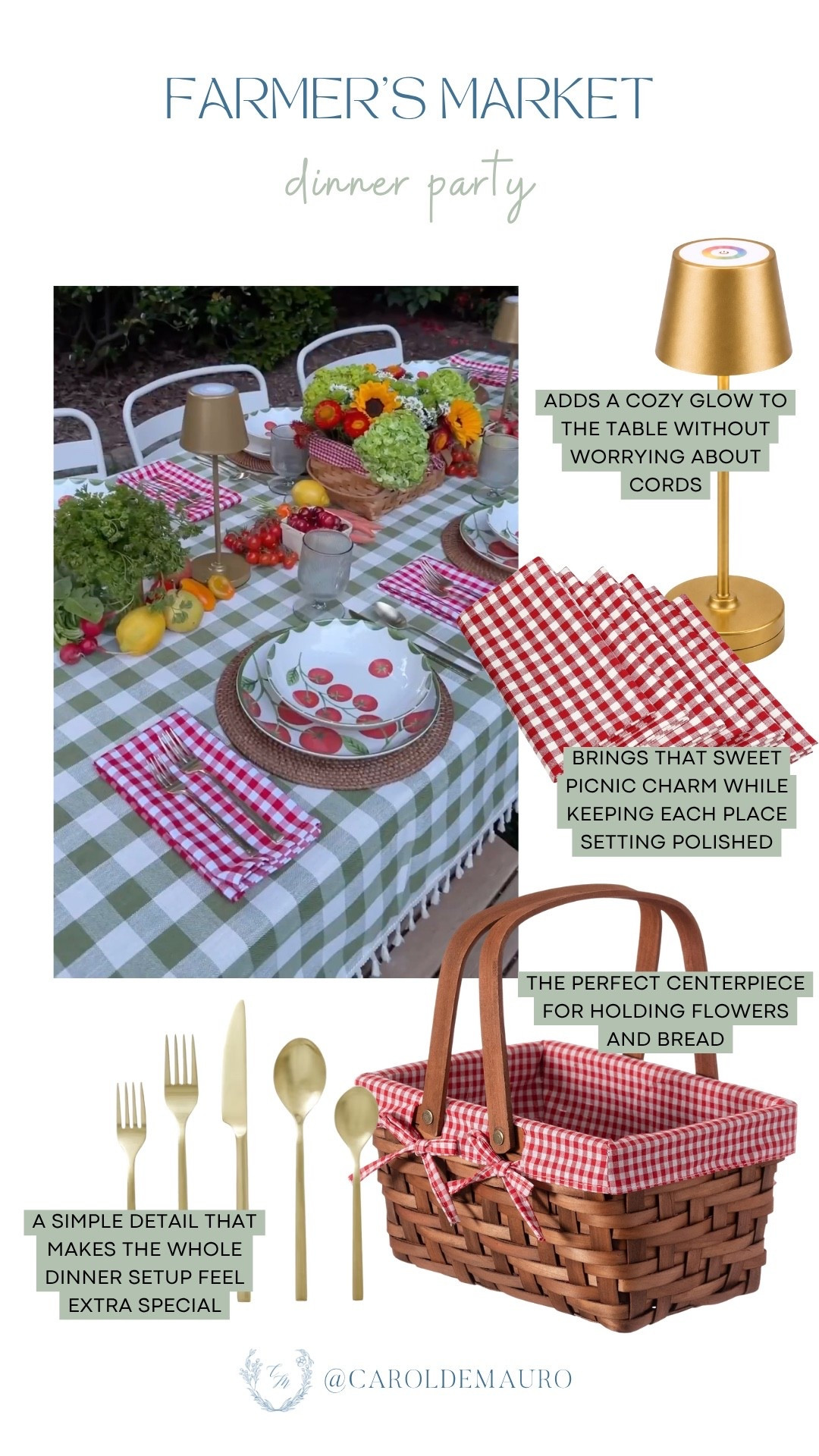 farmer's market, dinner party, woven basket, cordless lamp, plaid table napkin, gold cutlery, hosting idea, tablescape, table setting, table decor, dinnerware

#LTKHome