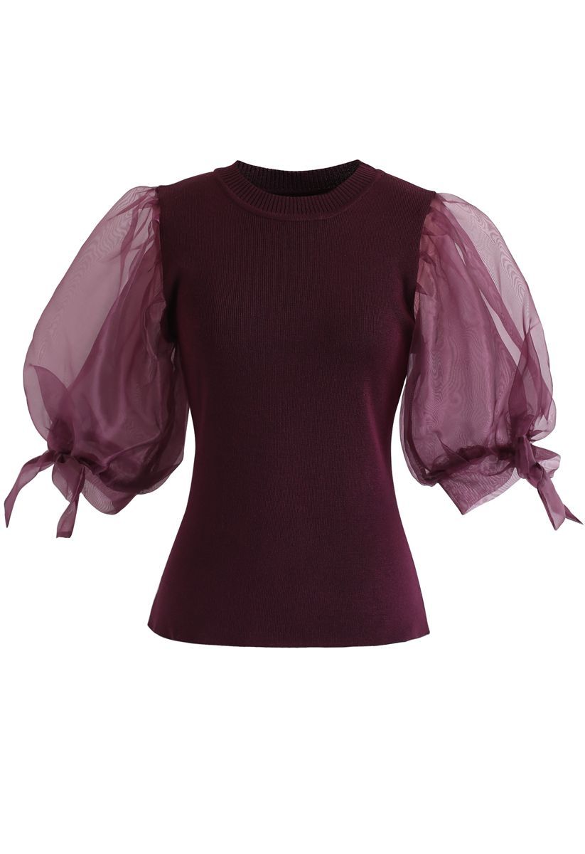 Organza Bubble Sleeves Knit Top in Wine | Chicwish