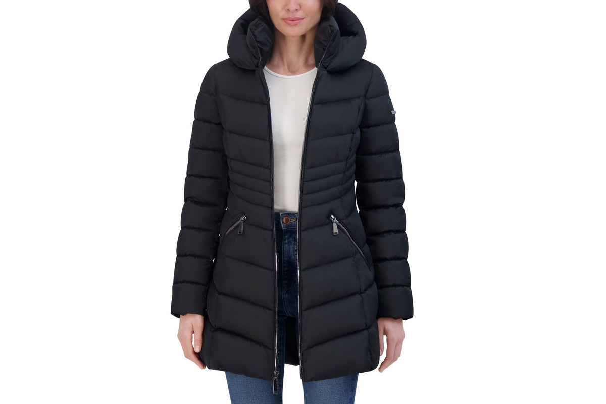 Laundry by Shelli Segal Women's Mid Length Puffer Jacket With Puffy Hood - Black | Macy's