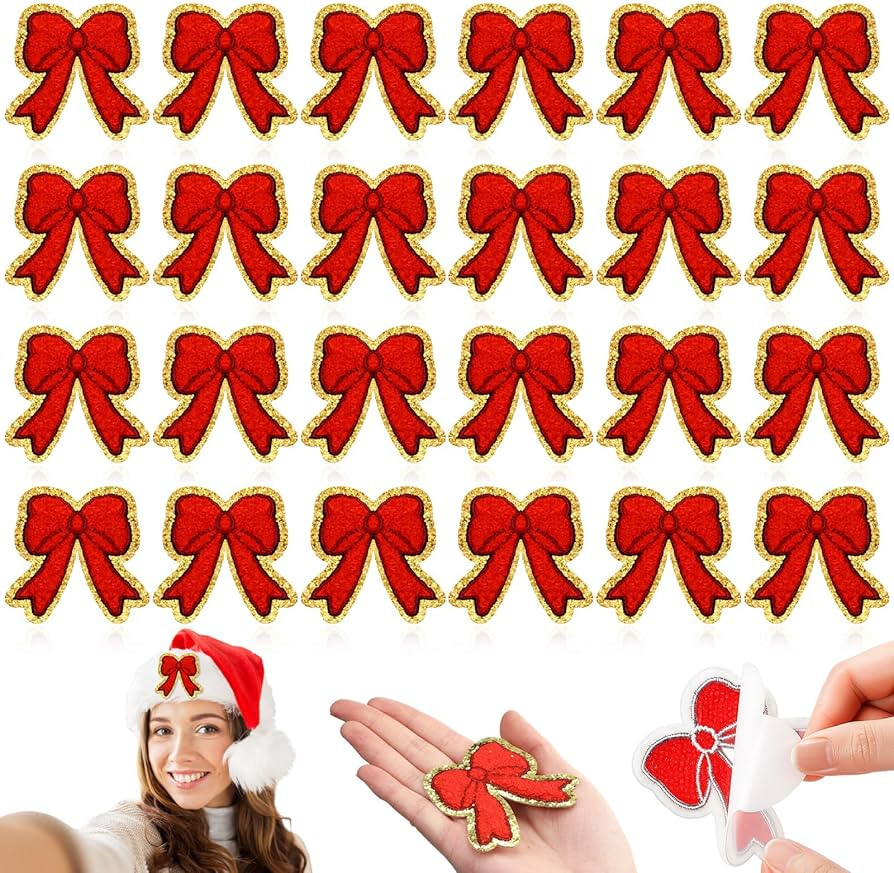 24 Pcs Red Bow Patches Christmas Self Adhesive Chenille Patches Gold Edges Cute Bow Applique for ... | Amazon (US)