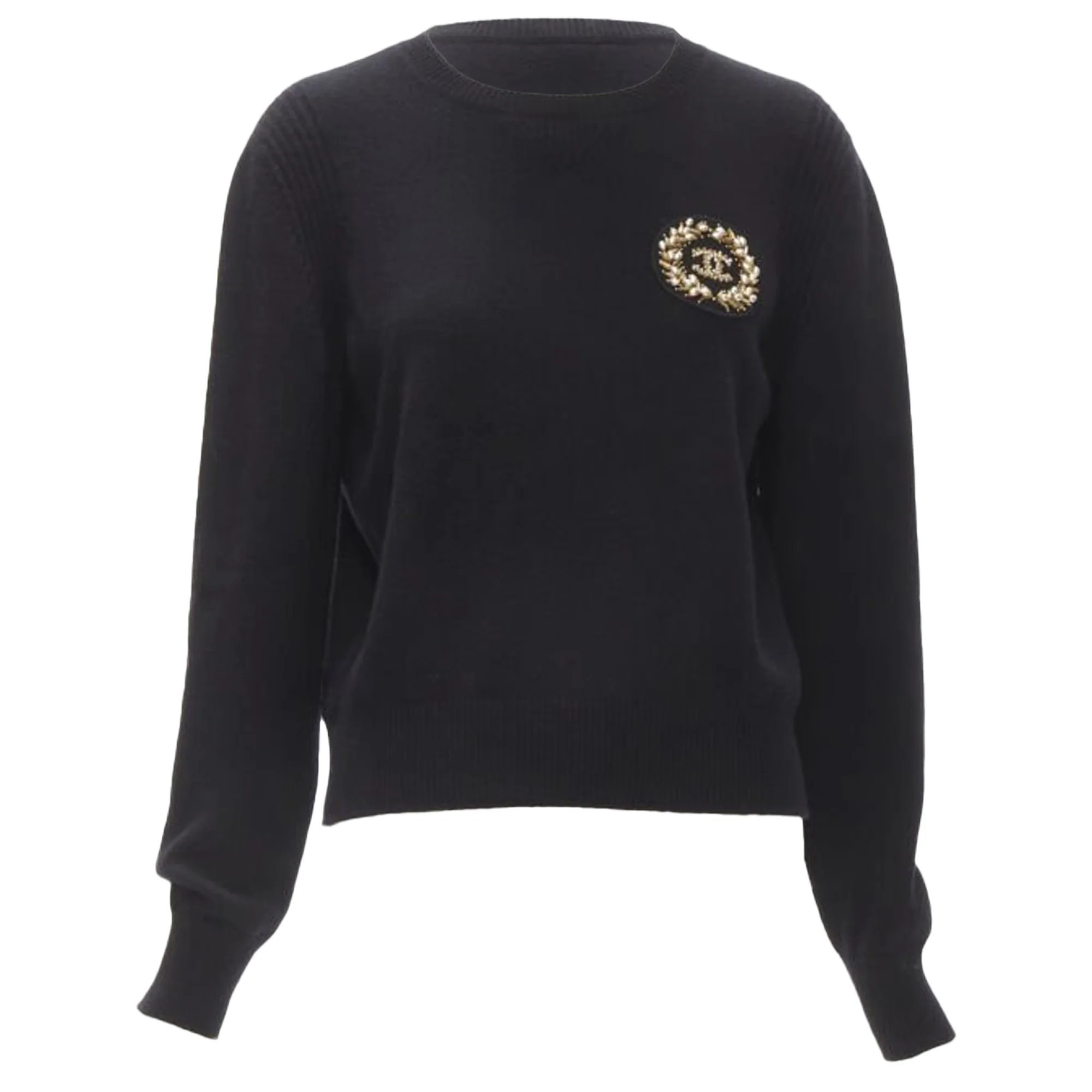 Chanel cashmere blend bead pearl CC embellished badge sweater | Shop Simon