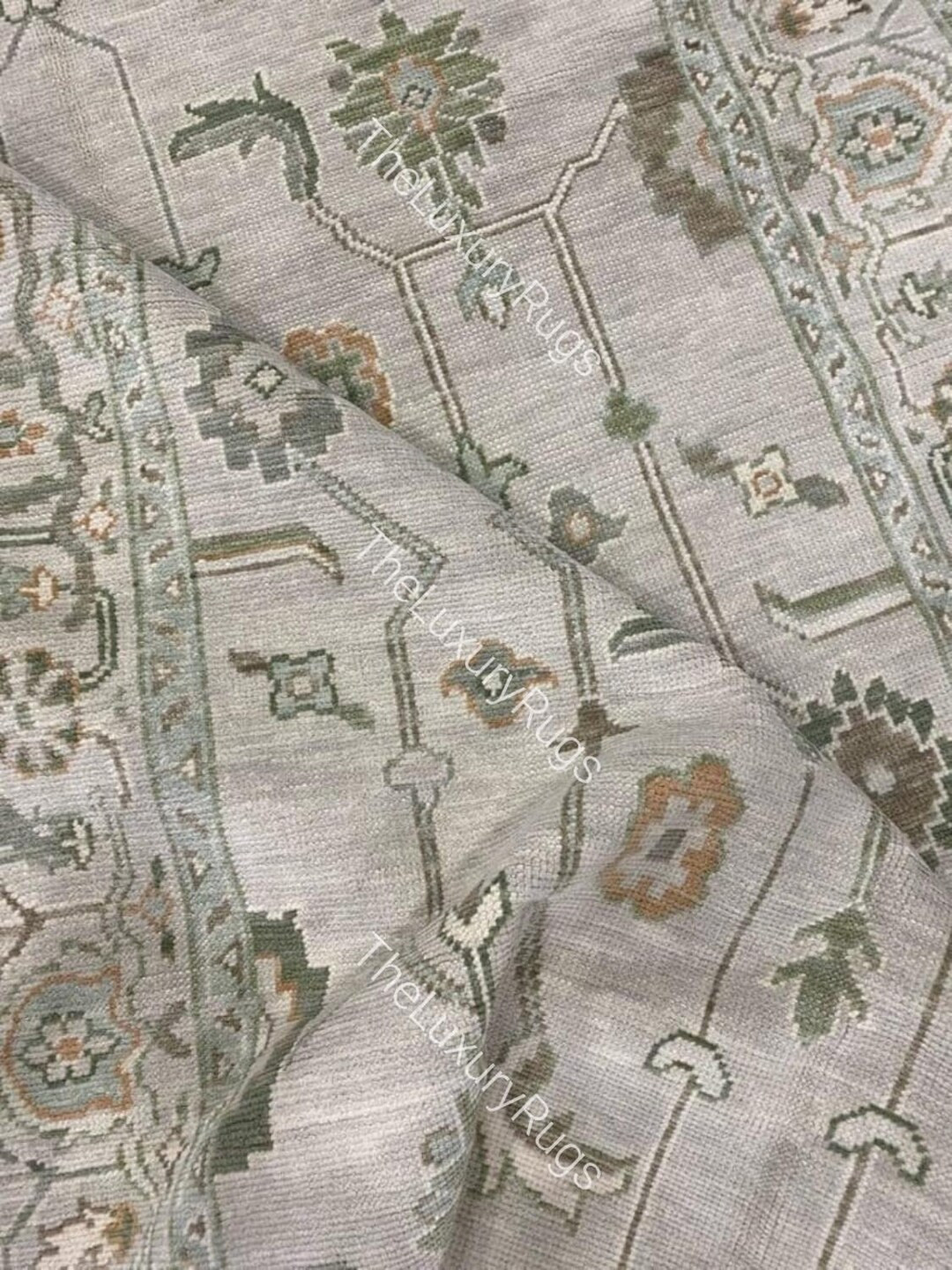 Hand-knotted Oushak Wool Rug: Vintage Turkish Oriental Carpet Gray Beige Green Oriental Rugs - Et... | Etsy (US)