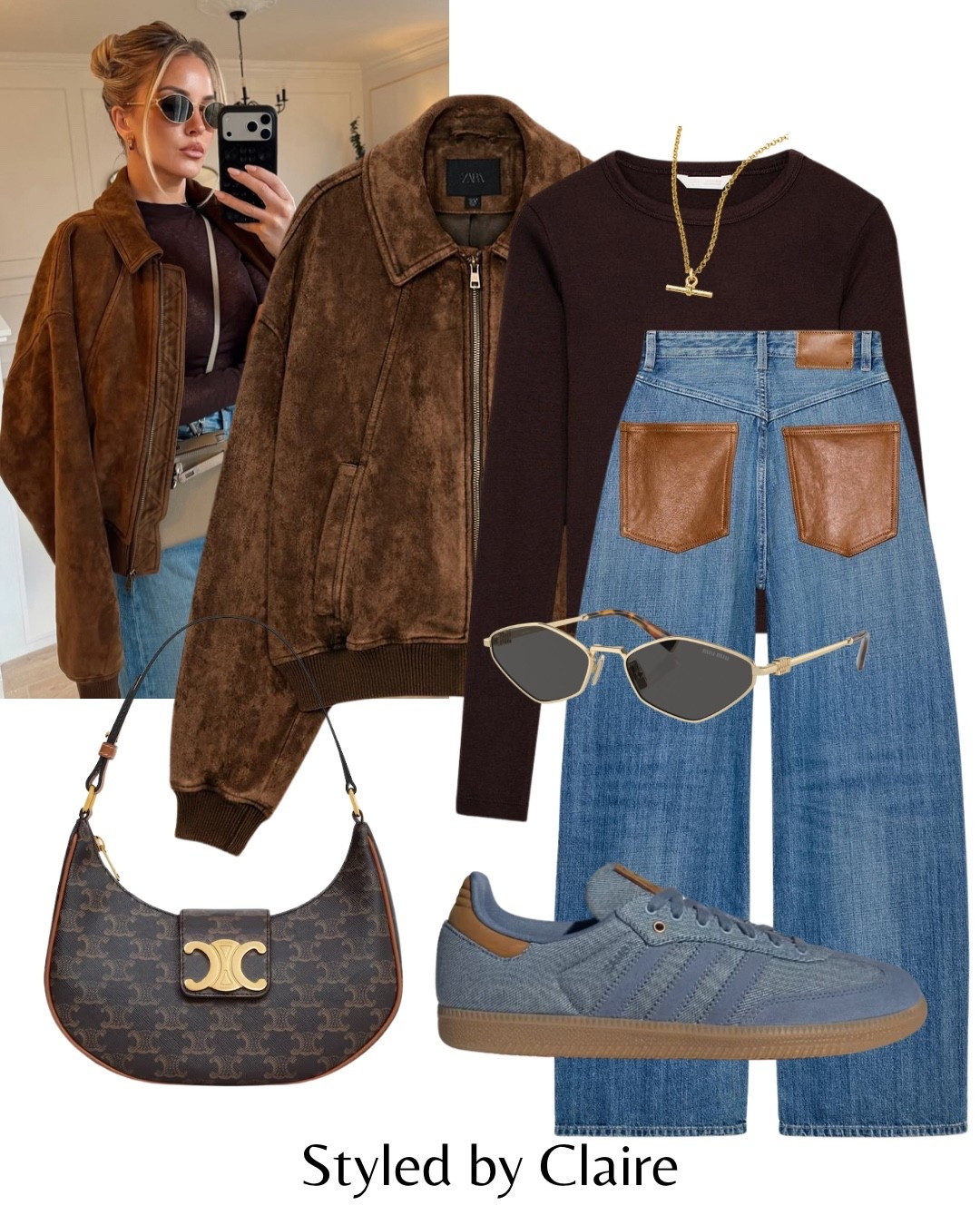FAUX SUEDE JACKET❤️‍🔥
Gas: new in Zara bomber brown long sleeve top patch jeans wide leg adidas samba og denim miu miu sunglasses Celine bag missoma necklace fashion spring inspo outfit ideas chic women’s style city break capsule wardrobe cool girl elevated basics 

#LTKjeans #LTKshoes #LTKstyletip