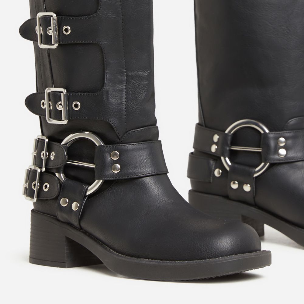 Buckle-Down Side Buckle Detail Mid Calf Biker Boot In Black Faux Leather | Ego Shoes (UK)