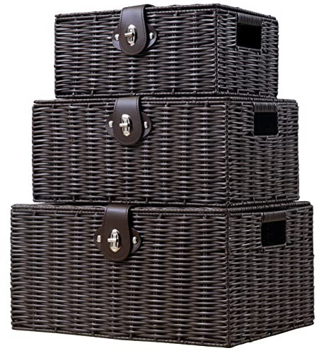 Homepeaz Set of 3 Woven Wicker Storage Basket Box with Lids & Lock, Built-in Carry Handles, Multifunctional Storage Organizer for Nursery, Baby, Clothes, Toys, Books, Large/Medium/Small Size (Brown) | Amazon (US)