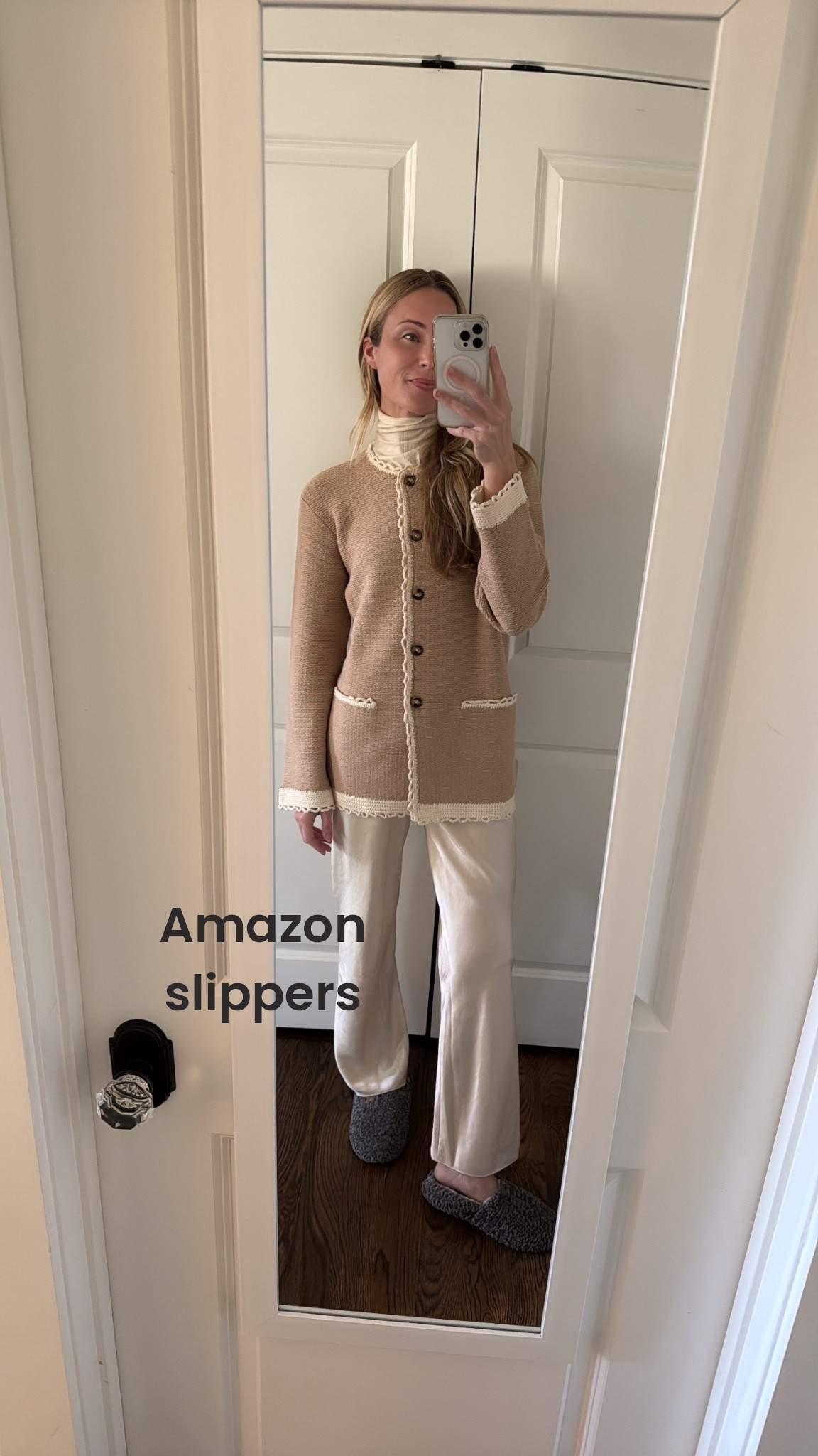 Slippers TTS, s top and cardigan, XS satin pant 