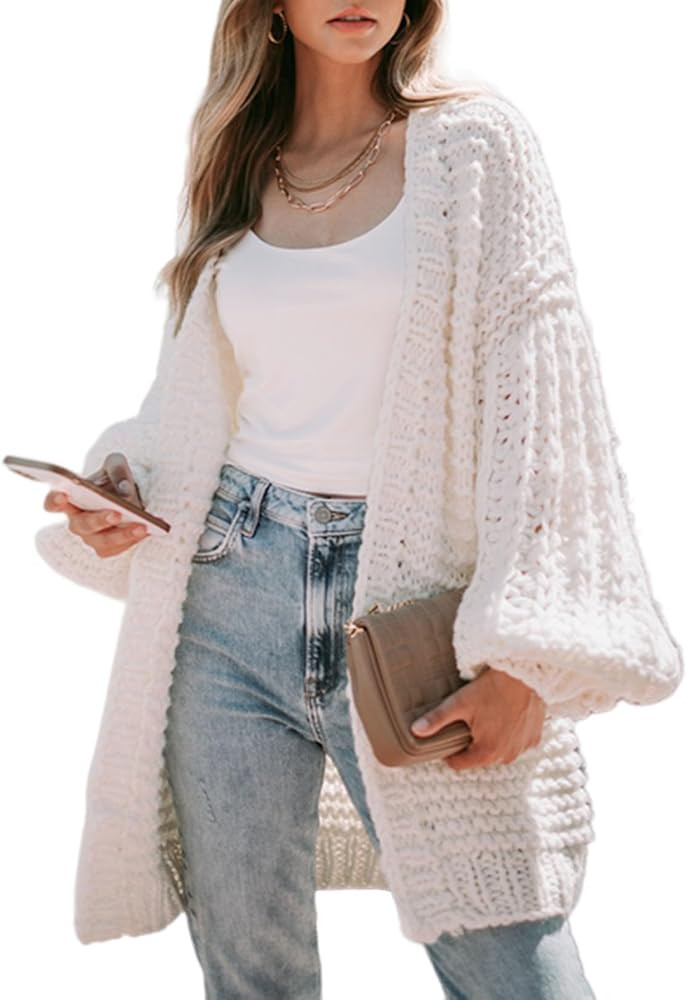 Sidefeel Women 2023 Fall Winter Open Front Oversized Lantern Sleeve Cardigan Outwear Chunky Knit ... | Amazon (US)