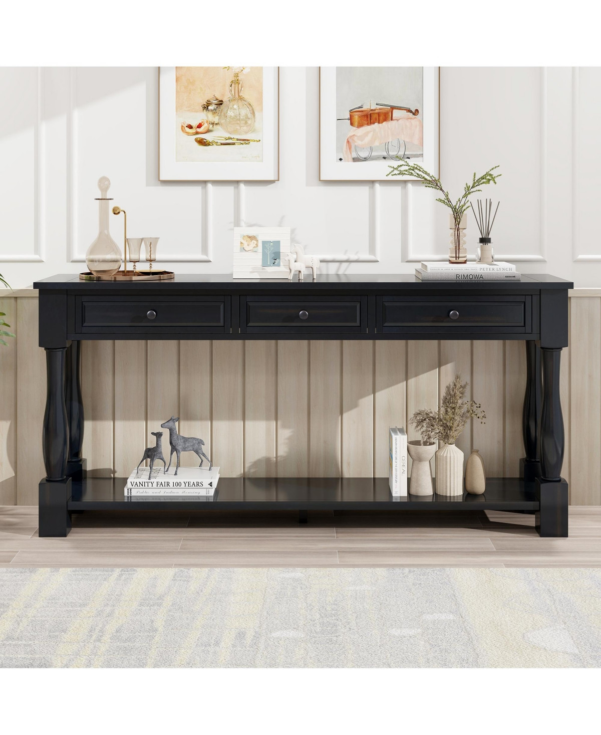 63-Inch Entryway Console Table – Long Sofa Table with Storage Drawers and Open Bottom Shelf - Black | Macy's