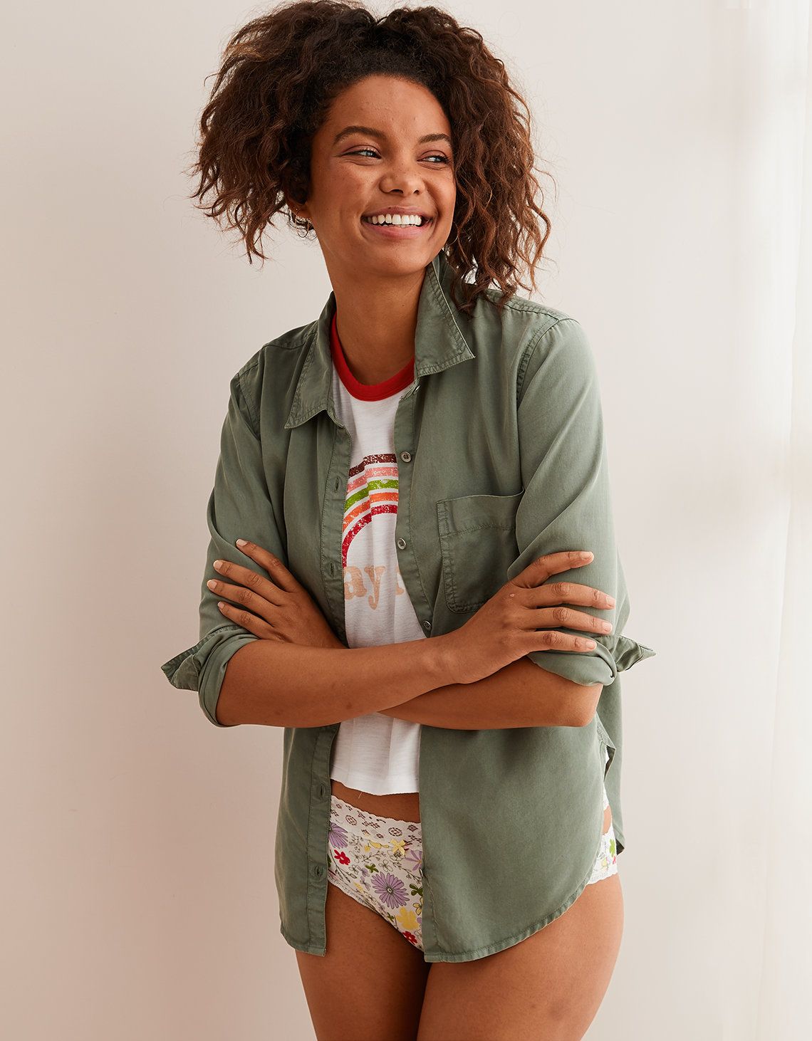 Aerie Camp Button Down Shirt, Olive Fun | American Eagle Outfitters (US & CA)