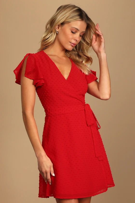 Much to Celebrate Red Swiss Dot Flutter Sleeve Wrap Mini Dress | Lulus (US)