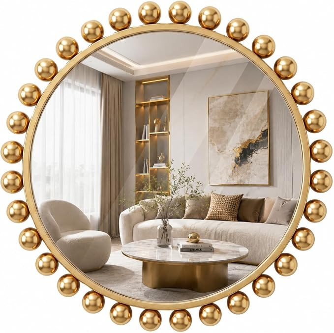 Leinuosen 24 Inch Antique Gold Round Mirror Vintage Wall Decor Circle Mirror with Gold Ball Metal... | Amazon (US)