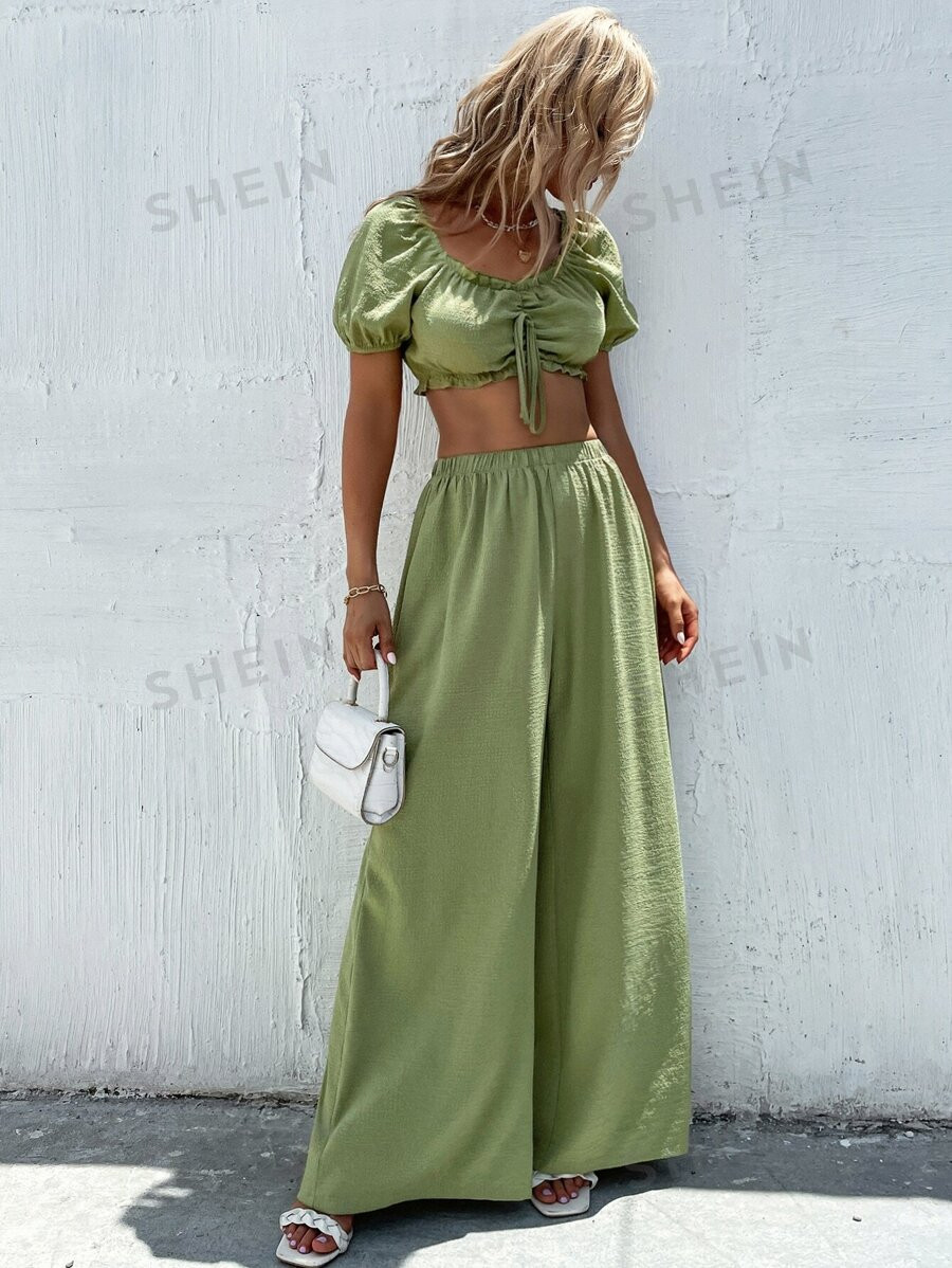SHEIN VCAY Frill Tie Front Crop Top & Wide Leg Pants Set | SHEIN