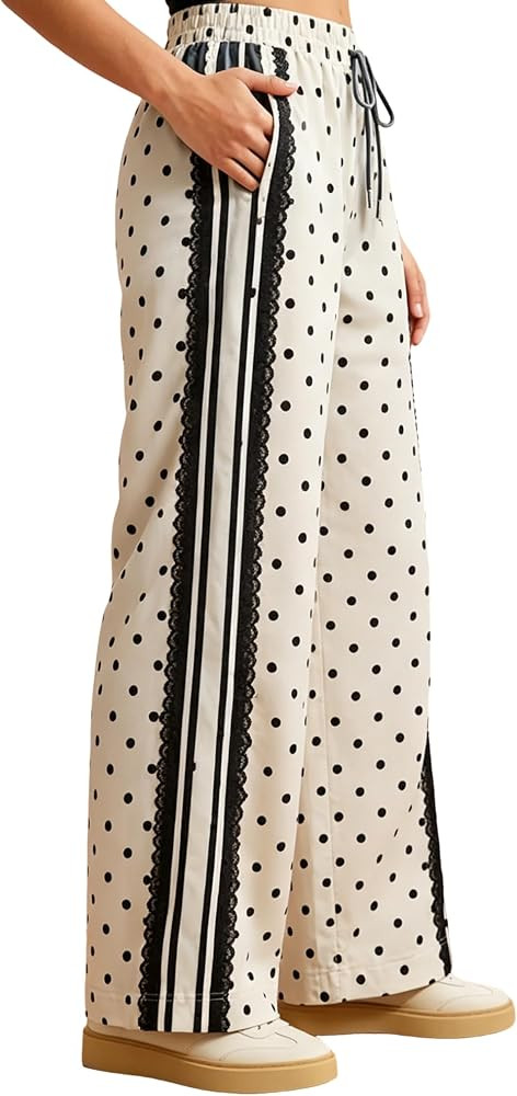 Yeokou Women's Wide Leg Pants Polka Dot Lace Striped High Waisted Casual Track Pants with Pockets... | Amazon (US)