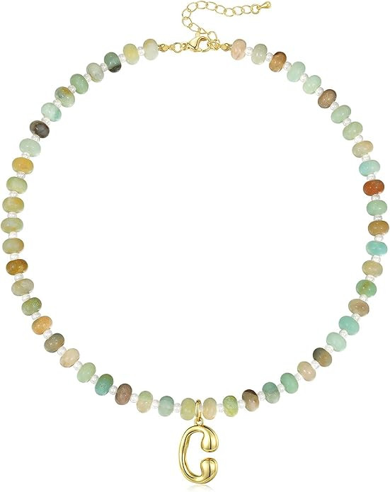 KissYan Initial Necklaces for Women, Colorful Beaded Gemstone Choker 14K Gold Bubble Letter Penda... | Amazon (US)