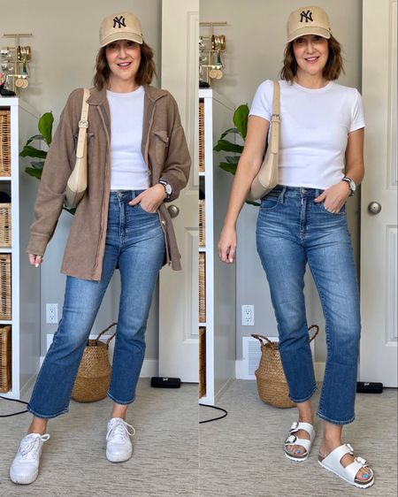 Spring transition outfit, wear now and later:
Wearing my usual size 27 in these Gap kick crop flares, they are still on sale!
Sized up to L for an oversized fit in this Amazon Free People lookalike shirt jacket .
White sneakers fit tts, I’m shoe size 7.5 and got 38 in the Birkenstocks big buckle sandals.
My bag is from Oak & Fort and looks like a much more expensive bag for $58.
My cap and no show socks are Amazon
Tee is Aritzia so I can’t link it 


#LTKshoecrush #LTKsalealert #LTKitbag