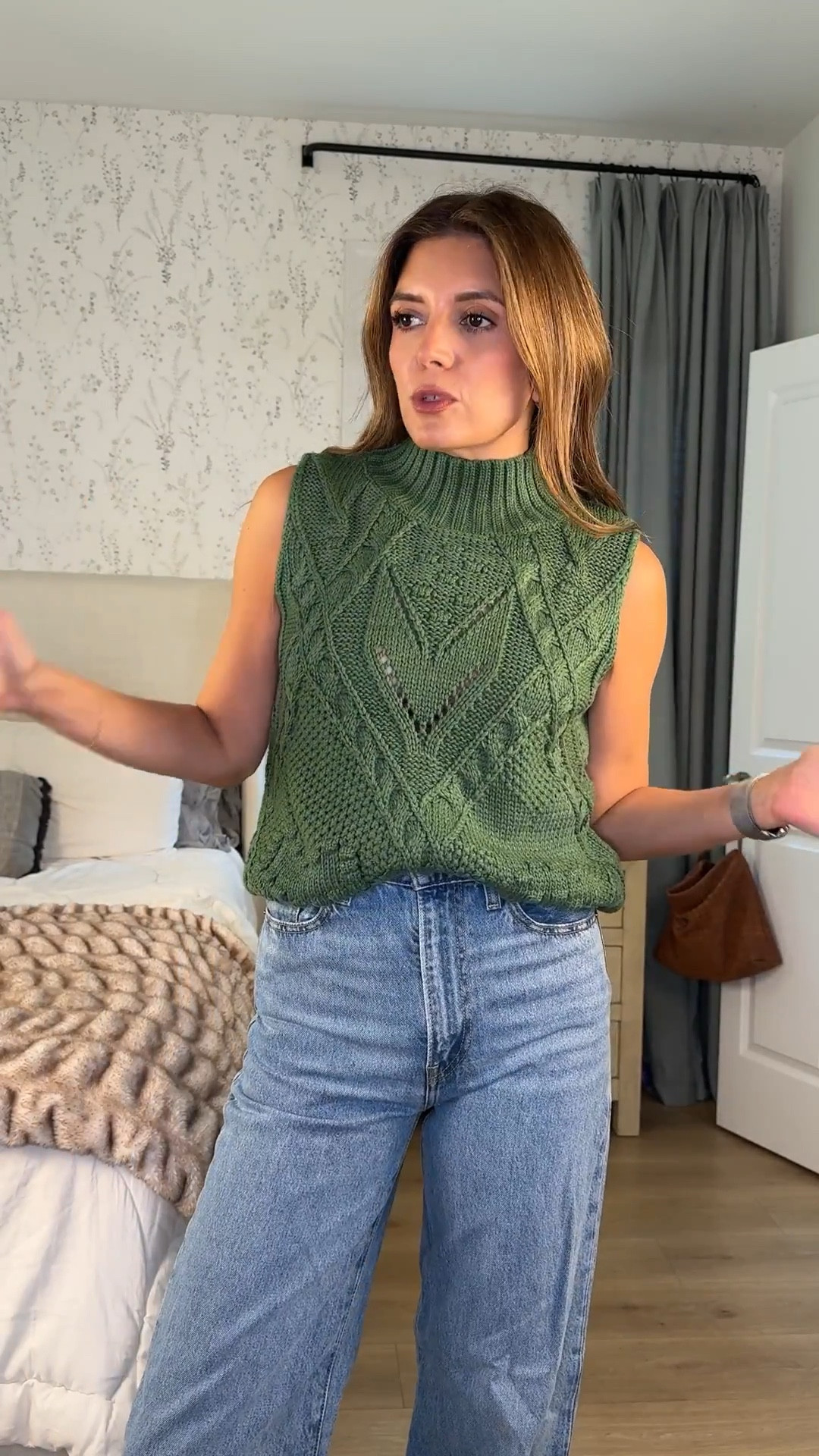J.crew inspired olive green sweater tank. Mock neck Cableknit sweater for fall! Amazon fall fashion for moms. In a size medium. 

#LTKFindsUnder50 #LTKOver40