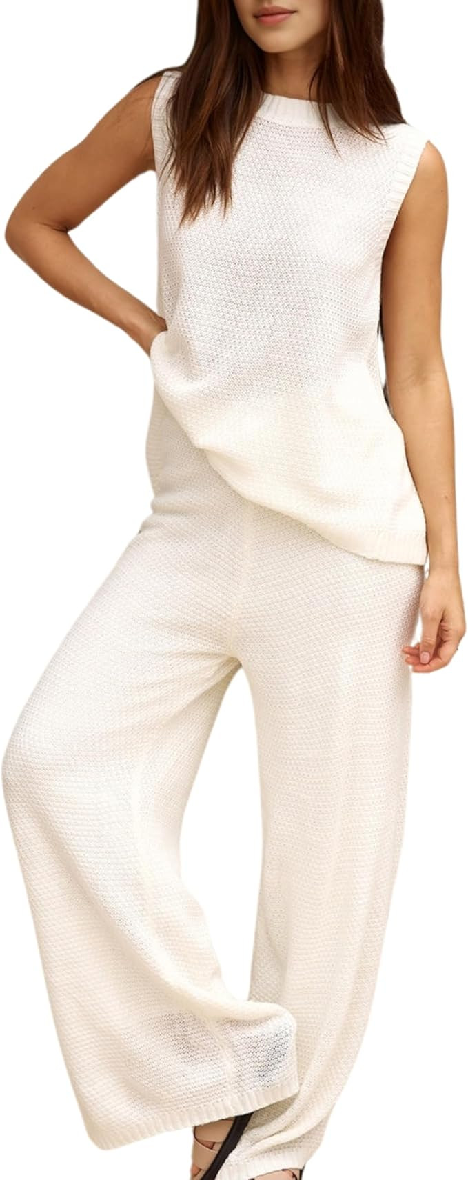 PUWEI Women's 2 Piece Lounge Set Bow Sweater Vest Wide Leg Pants Summer Matching Sets Travel Outf... | Amazon (US)