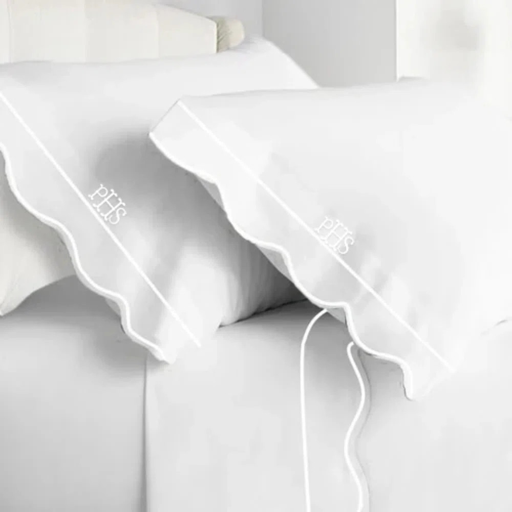 Monogram 400TC Cotton Scallop Embroidery & Border Sateen Solid Sheet Set | Wayfair North America