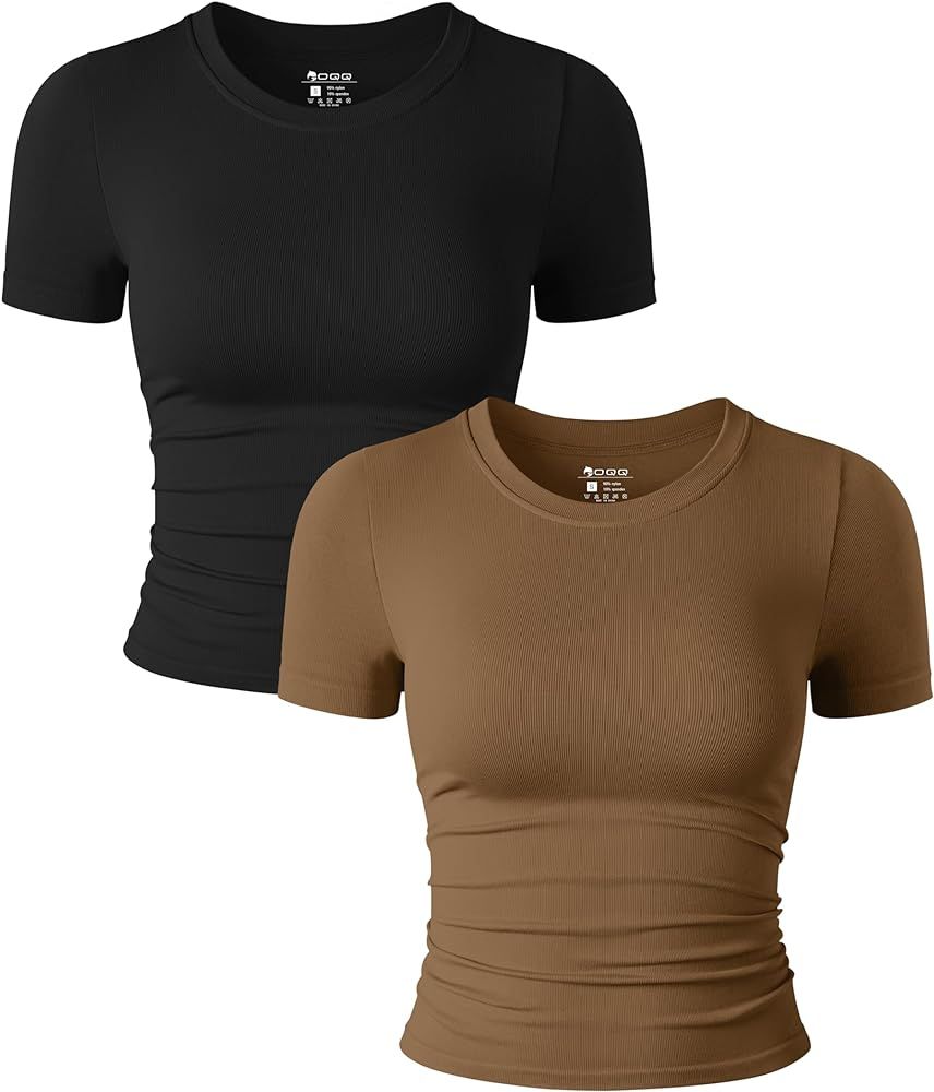 OQQ Womens 2 Piece Shirts Short Sleeve Crew Neck Ruched Stretch Fitted Tee Shirts Crop Tops | Amazon (US)