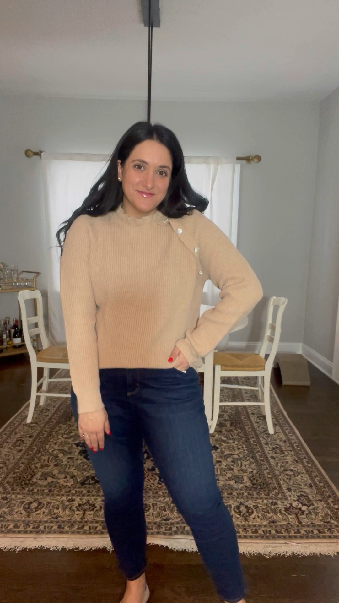 Found this cute neutral sweater for under $50 on Amazon! Love the ruffle collar and the sparkly buttons. A great everyday sweater that can be dressed down or up! ✨ 

#LTKunder50 #LTKSeasonal #LTKFind