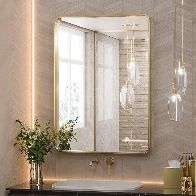 TETOTE Gold Framed Mirror for Bathroom, 22x30 Inch Vanity Mirror for Wall, Brushed Brass Rectangl... | Amazon (US)
