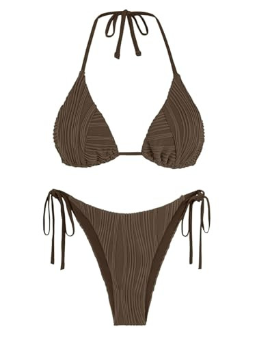 ZAFUL Women's Halter Bikini Sets Padded 2 Piece Bathing Suit Self Tie Side High Cut Thong Swimsuit Deep Coffee L | Amazon (US)