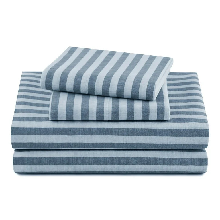 Beautiful Striped 4-Piece 100% Cotton Washed Percale Starry Night Blue Sheet Set, Queen by Drew B... | Walmart (US)