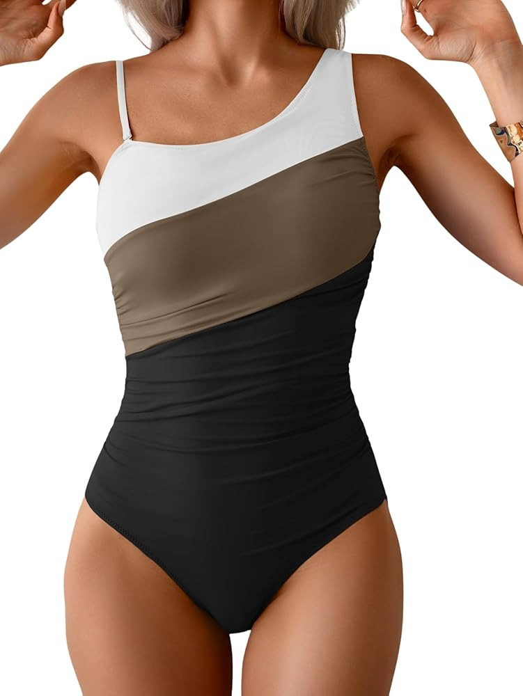 One Shoulder One Piece Swimsuit for Women Tummy Control Bathing Suits Color Block Ruched Swim Sui... | Amazon (US)