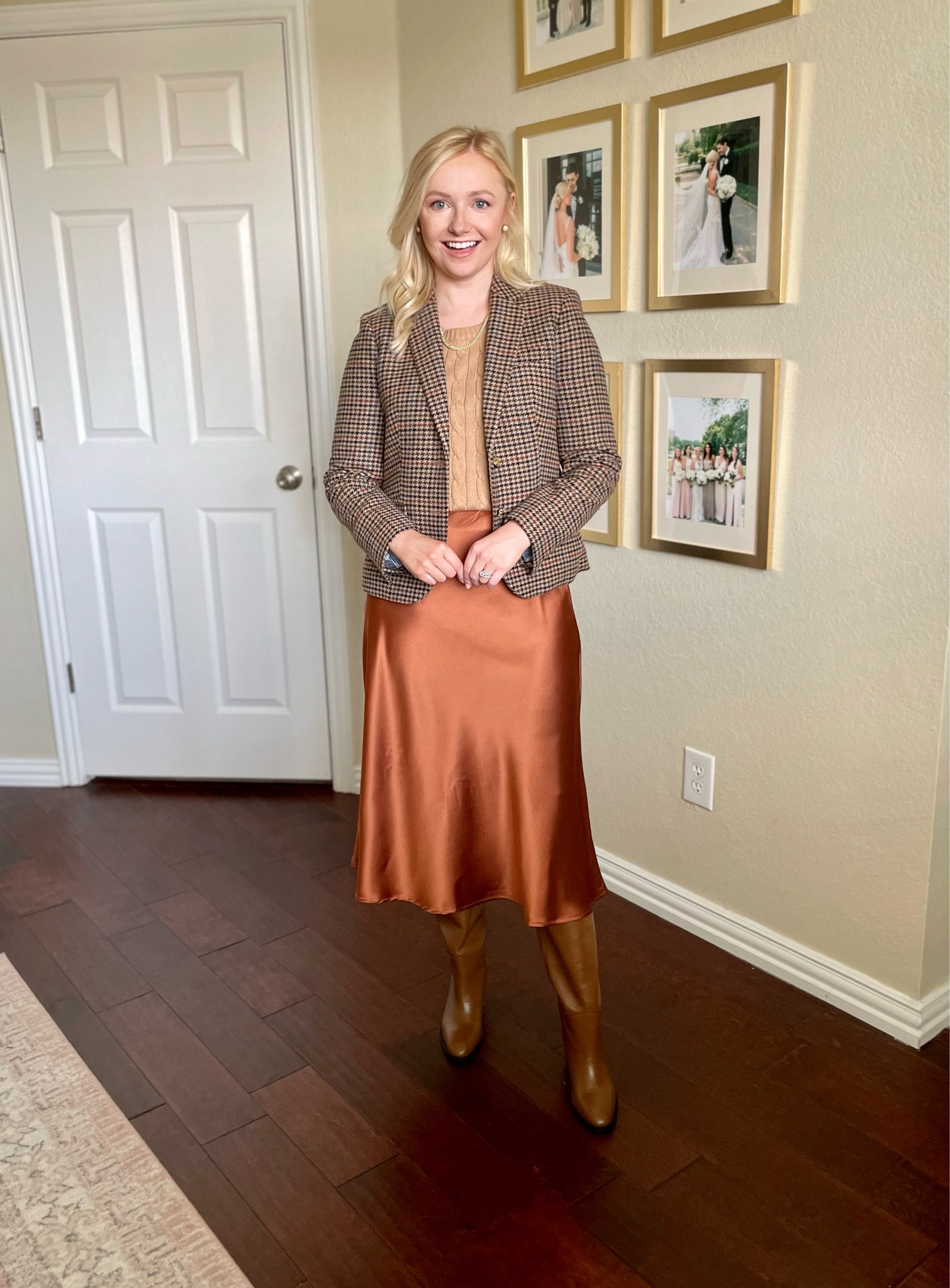 Wearing a S in the skirt and 2P in blazer *runs tight, I would size up one for a comfortable fit! | plaid blazer, fall outfit, fall fashion, fall workwear, satin skirt, brown outfit, neutral outfit 

#LTKSeasonal #LTKstyletip #LTKxPrime