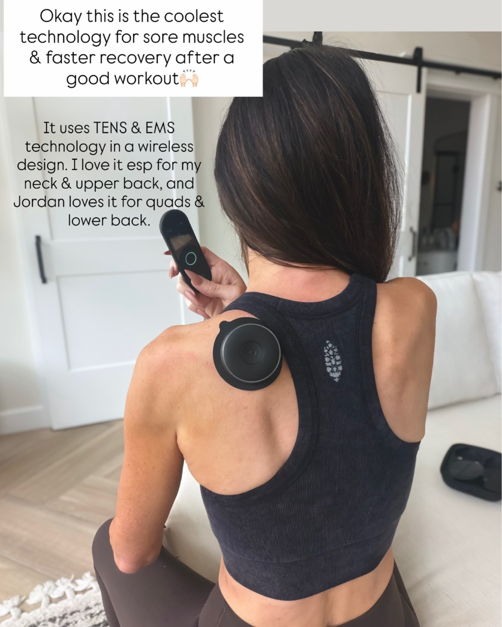 The coolest technology for sore muscles & faster recovery after a good workout, or occasional pain and just a nice reset…(it has a massage setting😉). It comes with two units, to target two areas simultaneously. 
It uses TENS & EMS technology in a wireless design
I love the pain relief and woah nelly settings! I love it most for pain relief on my lower neck and upper back, esp on days I’m working too much on my phone. Jordan works out everyday, and loves it for muscle recovery and pain relief, esp in his quads and lower/upper back. 
@gochirp #sponsored

#LTKfitnessgoals #LTKActive #LTKselfcare