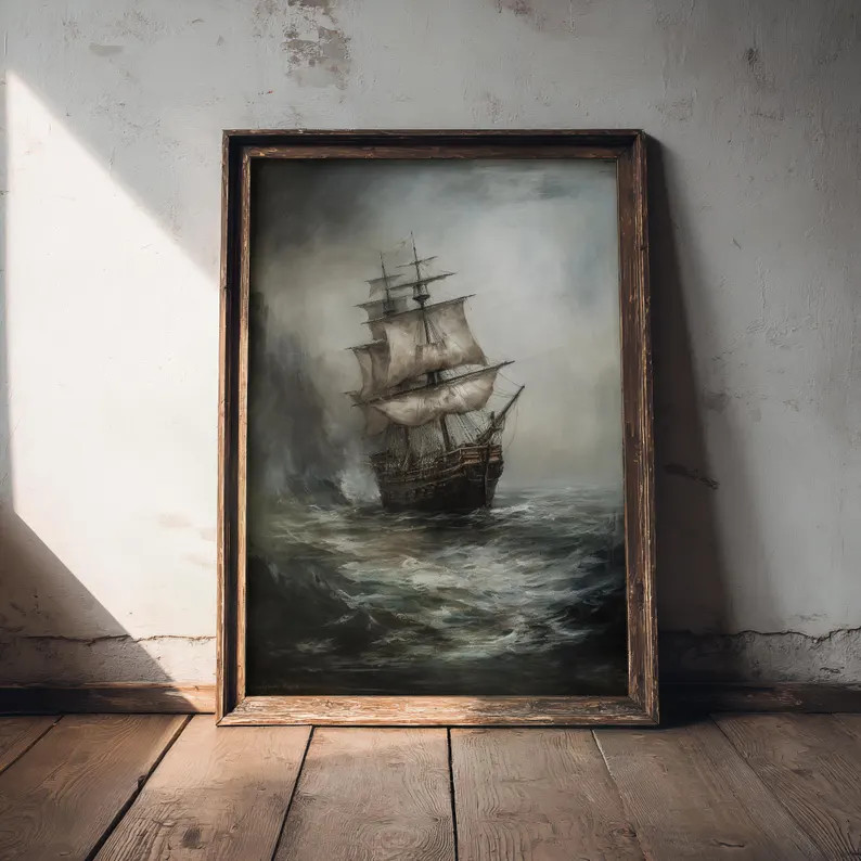 Stormy Sea Ship | Coastal & Ocean Aesthetic, Dark Academia Decor, Nautical Wall Art, Moody Antiqu... | Etsy (US)