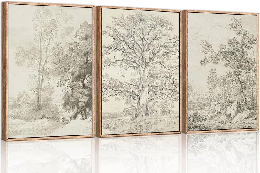 Ausril Vintage Sketchbook Forest Framed Canvas Wall Art Set, Neutral Minimalist Tree Wall Decor, ... | Amazon (US)