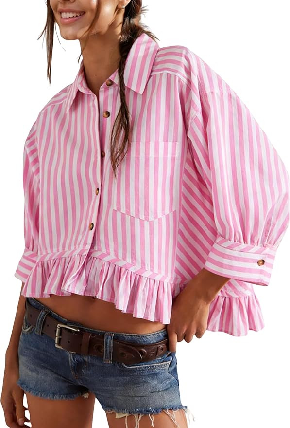 InterNos Womens Striped 3/4 Sleeve Blouse Loose V Neck Button Down Ruffled Hem Vertical Shirt Top... | Amazon (US)