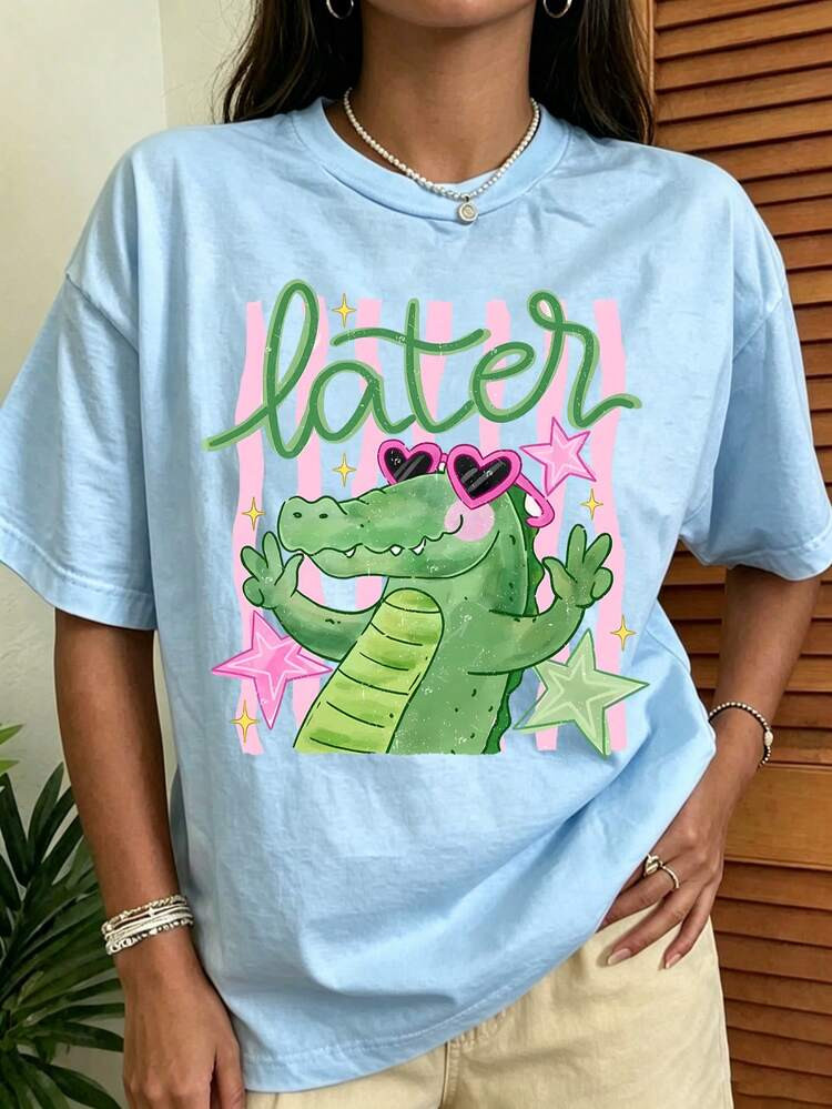 Crocodile Print Tee, Kawaii Pastel Blue Graphic T-Shirt, 90s Vintage | SHEIN