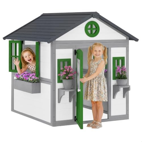 Outsunny Outdoor Kids Playhouse, Wooden Playhouse with Dutch Door, Windows, Flower Holders and Boxes for Toddlers 3-8 Years, Cottage Play House for Backyard, White | Amazon (US)