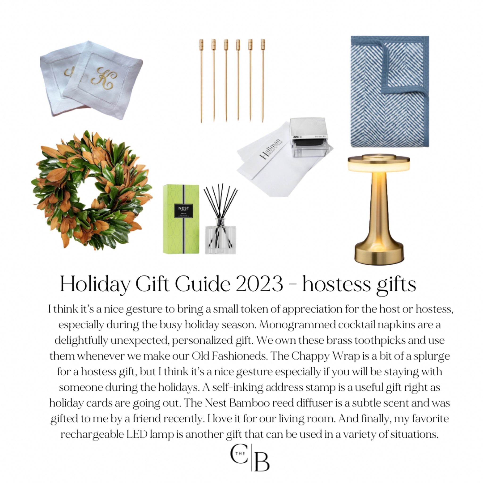  I think it’s a nice gesture to bring a small token of appreciation for the host or hostess, especially during the busy holiday season. Monogrammed cocktail napkins are a delightfully unexpected, personalized gift. We own these brass toothpicks and use them whenever we make our Old Fashioneds. The Chappy Wrap is a bit of a splurge for a hostess gift, but I think it’s a nice gesture especially if you will be staying with someone during the holidays. A self-inking address stamp is a useful gift right as holiday cards are going out. The Nest Bamboo reed diffuser is a subtle scent and was gifted to me by a friend recently. I love it for our living room. And finally, my favorite rechargeable LED lamp is another gift that can be used in a variety of situations.

#LTKCyberWeek #LTKGiftGuide #LTKHoliday